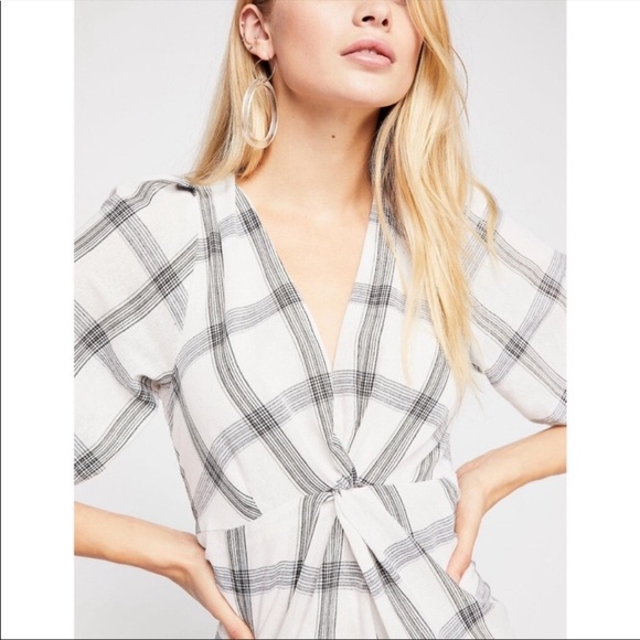 FREE PEOPLE Miss Molly Grid Plaid Puff Sleeve Mini Dress 0 new without tags - Picture 3 of 5